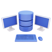 3D workstation two monitors keyboard mouse server database stack for IT infrastructure and data management Isolated rendered graphic for network admin and tech png