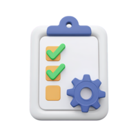 3D clipboard checklist green checkmarks blue gear for completed process check or approved system setup Isolated rendered graphic for successful quality control png