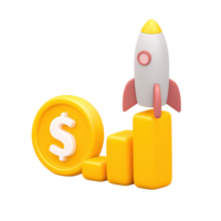 Dynamic 3D bar chart with colorful rising bars gold dollar coin and launching rocket representing rapid financial growth Isolated rendered graphic for successful investment and startup png