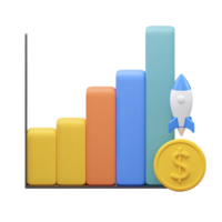 3D bar chart with increasing bars dollar coin and rocket symbolizing financial growth and investment success Isolated rendered graphic for business startup progress and profit png
