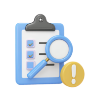 3D clipboard checklist magnifying glass exclamation mark for audit inspection with identified issue Isolated rendered graphic for critical report alert or problem png