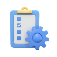 Blue 3D clipboard checklist checkmarks blue gear for completed tasks with process setting Isolated rendered graphic for workflow management or project config png