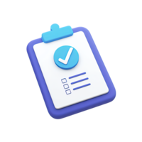 Blue 3D clipboard with checkmark and lines for text tasks for completed to-do lists or approved report Isolated rendered graphic for finished survey and task management png