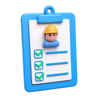 Blue 3D clipboard checklist construction worker icon for site inspection report or safety checklist Isolated rendered graphic for worker task assignment plan png