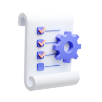 3D icon Rolled scroll with checklist and blue gear symbolizing project plan settings historical record configuration or process setup Isolated png