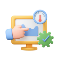 3D monitor dashboard graph hand thermometer gear checkmark for analytics performance monitoring Isolated rendered graphic for data-driven KPI control and optimization png