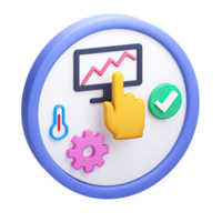 Circular 3D dashboard monitor with graph hand thermometer gear checkmark for analytics performance Isolated rendered graphic for KPI management and optimization png