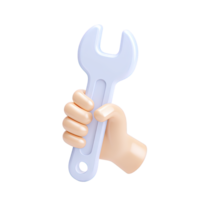 3D hand holding a white wrench tool, symbolizing repair services, maintenance tasks, and technical support. Isolated rendered graphic for fixing, construction, and configuration concepts. png