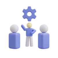 3D person leading a team with a gear symbol above, representing team leadership and project management. Isolated rendered graphic for collaborative process and workflow optimization. png