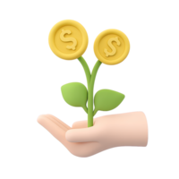 3D hand holding a sprouting plant with gold dollar coins as leaves, symbolizing financial growth and investment returns. Isolated rendered graphic for wealth accumulation and savings concepts. png