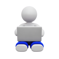3D person figure sitting with a laptop, representing remote work, online learning, or a computer user. Isolated rendered graphic for digital lifestyle and freelance concepts. png