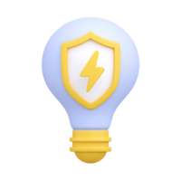 3D lightbulb with a yellow shield containing a lightning bolt, symbolizing protected ideas or secure energy. Isolated rendered graphic for intellectual property and safe innovation concepts. png