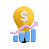 3D dollar sign lightbulb above a bar chart with an upward arrow, symbolizing profitable ideas and financial growth. Isolated rendered graphic for investment strategy and business innovation. png