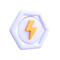 3D hexagonal white frame containing a yellow lightning bolt, symbolizing power, energy, and electricity. Isolated rendered graphic for technology, charging, and high voltage concepts. png