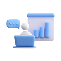 3D person at a laptop with a bar chart and speech bubble, for online presentation or data analysis. Isolated rendered graphic for remote work and business reporting concepts. png
