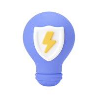 Blue 3D lightbulb with a white shield and yellow lightning bolt, representing secure ideas or protected energy. Isolated rendered graphic for safe innovation and reliable power concepts. png