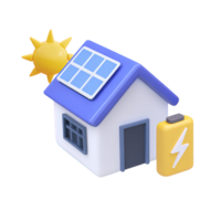3D house with a solar panel on the roof and a battery with lightning bolt, representing solar home energy. Isolated rendered graphic for renewable power and sustainable living concepts. png
