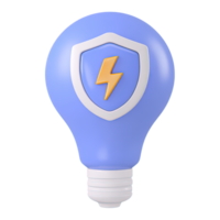 Blue 3D lightbulb with a detailed shield and orange lightning bolt, for protected innovation or secure energy. Isolated rendered graphic for intellectual property and safe power source concepts. png