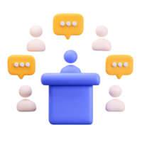 3D person at a podium addressing an audience, with speech bubbles, for conferences or public speaking. Isolated rendered graphic for seminars and group communication. png