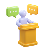 3D person standing at a yellow podium with speech bubbles, for a presentation, speech, or lecture. Isolated rendered graphic for public speaking and announcement concepts. png