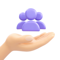3D hand holding a group of abstract purple people figures, symbolizing community, teamwork, and support. Isolated rendered graphic for social networks, collaboration, and user group concepts. png