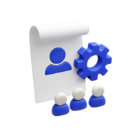3D document with a gear and people icons, representing a team project plan or HR management document. Isolated rendered graphic for collaborative workflow and organization concepts. png