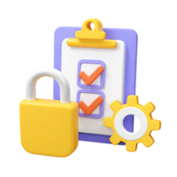 3D clipboard with checklist, yellow padlock, and gear, representing secure task management or data protection policy. Isolated rendered graphic for access control and compliance concepts. png