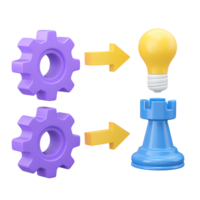 3D gears transforming into a lightbulb idea and a chess rook strategy, showing process to innovation. Isolated rendered graphic for strategic thinking from operations. png