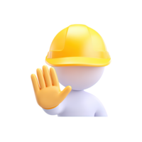 3D person figure wearing a yellow hard hat and making a stop hand gesture, indicating a safety warning. Isolated rendered graphic for hazard alerts and access restriction. png