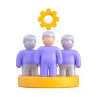 3D team of people figures with a gold gear above, symbolizing teamwork, collaboration, and collective process. Isolated rendered graphic for project teams and organizational synergy. png