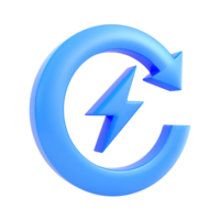 Blue 3D circular arrow with a lightning bolt inside, symbolizing renewable energy, recharge, or power cycle. Isolated rendered graphic for continuous energy and refresh concepts. png