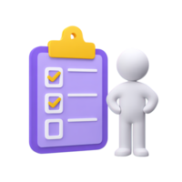 3D person standing beside a large clipboard with a checklist, representing project planning or task review. Isolated rendered graphic for survey results and report presentation. png