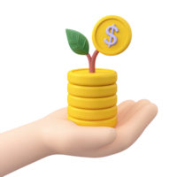 3D hand holding a stack of gold coins with a plant growing from it, topped with a dollar coin. Symbolizing financial growth and investment. Isolated rendered graphic for savings and returns. png