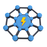 3D network structure with a central yellow lightning bolt, representing an energy grid or power distribution system. Isolated rendered graphic for smart grid and connected electricity concepts. png