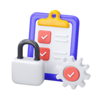 3D clipboard with checklist, black padlock, and gear, for secure data management and protected workflow settings. Isolated rendered graphic for privacy and access control concepts. png