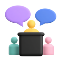 3D person at a podium with speech bubbles, representing public speaking, a presentation, or a lecture. Isolated rendered graphic for conference and communication concepts. png