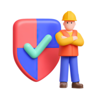 3D construction worker with a hard hat, standing by a shield with a checkmark. For worker safety and site security. Isolated rendered graphic for approved protection measures. png