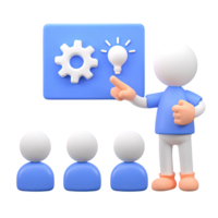 3D person presenting innovation strategy gear lightbulb to an audience. Isolated rendered graphic for business meetings, team training, and project presentations. png