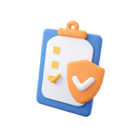 3D icon Blue clipboard with an orange shield and white checkmark representing secure checklist or data verification Ideal for safety protocols Isolated png