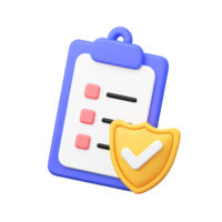 3D icon Blue clipboard with checklist and yellow shield symbolizing secure task management or project protection Ideal for data safety compliance Isolated png