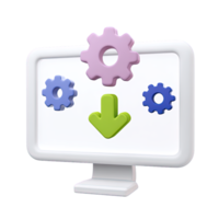 3D icon White monitor with gears and download upload arrows symbolizing system integration data processing or cloud computing settings Isolated png