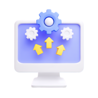 3D icon White monitor with a large blue gear and yellow upload arrows representing software updates system deployment or data upload Isolated png
