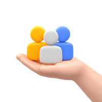 3D icon Hand holding a group of abstract people icons symbolizing teamwork community support human resources or customer relations Unity Isolated png