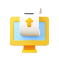 3D icon Yellow monitor displaying a document with an upload arrow symbolizing file transfer data submission or cloud storage Ideal for tech Isolated png