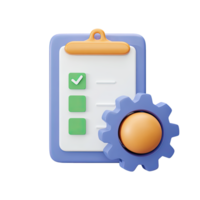 3D icon Blue clipboard with checklist and orange gear symbolizing task management project settings Ideal for business productivity workflow Isolated png