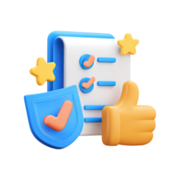 3D icon Checklist on clipboard with shield and thumbs up symbolizing approved security successful audit or positive compliance report Isolated png