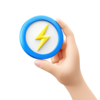 3D icon Hand holding a blue disc with a yellow lightning bolt symbolizing holding power energy control or presenting a dynamic solution Isolated png