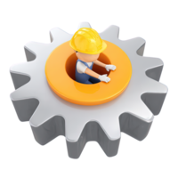 3D icon Grey gear with an orange inner ring and worker figure symbolizing industrial operations skilled technician or mechanical assembly Isolated png