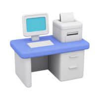 3D icon Office desk with computer printer and blue drawers symbolizing a complete workstation office setup or administrative tasks Isolated png