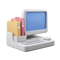3D icon Desktop computer setup with books keyboard and mouse Symbolizes workstation office e learning or research environment Isolated png